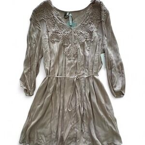 Milky Brown Tan Boho Short Dress Lace Detail Tie Waste Women Size L